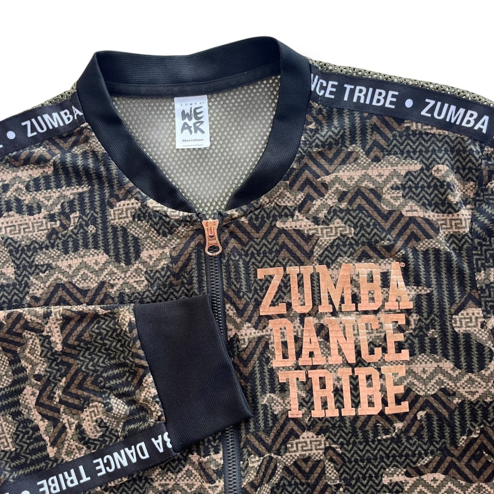Zumba Wear Marvelous Women M Green Brown Camo Mesh Dance Tribe Bomber Zip Jacket